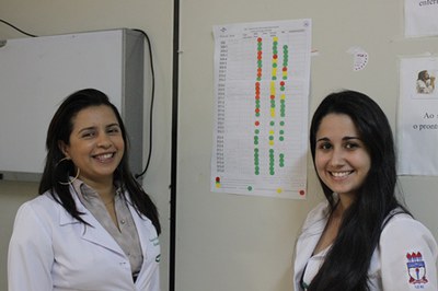 Professora Adriana Firmino e a acadêmica de nutrição Giovanna Benetti mostram quadro de avaliação nutricional dos pacientes da Clínica Cirúrgica